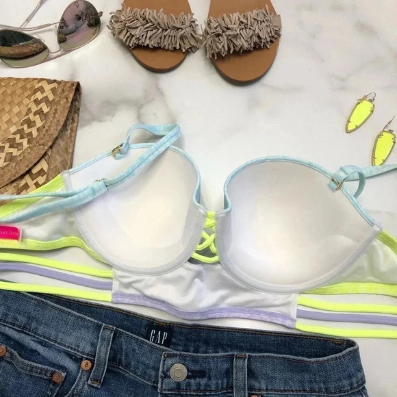 Victorias Secret Women’s Neon Colorblock Midi Longline Push-up Bikini Top 34D - Picture 4 of 7